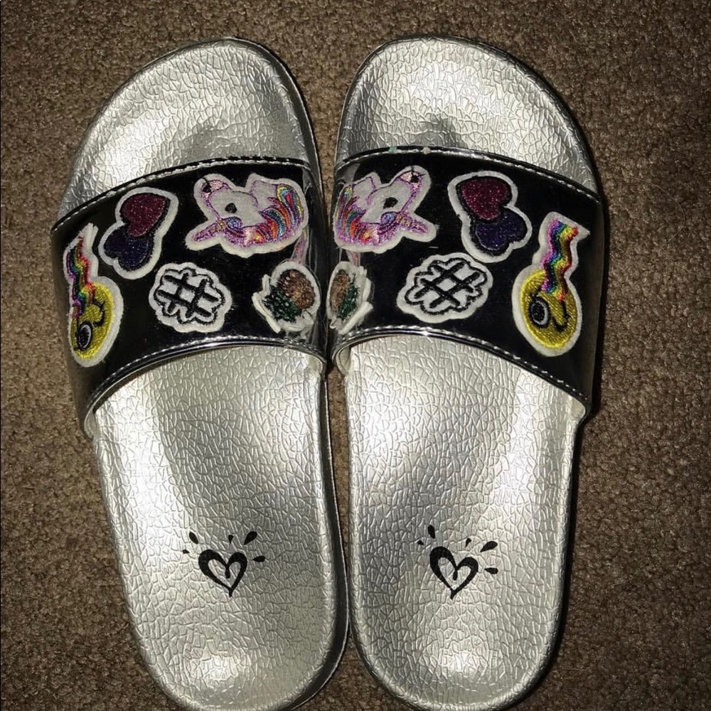 Justice slides w/ emoji patches Size 2